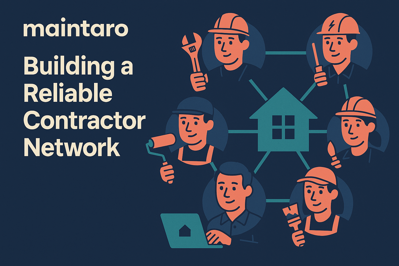Illustration of a landlord reviewing a vetted contractor network with icons for different trades around a laptop