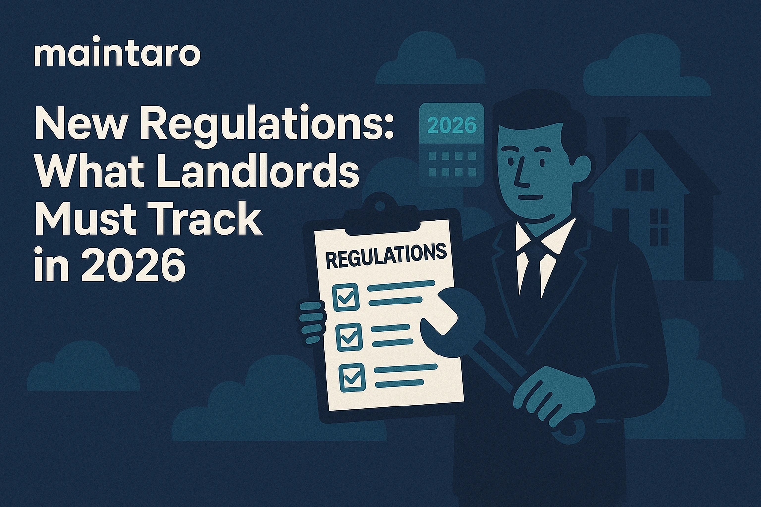 Illustration of a landlord reading new housing regulations with a 2026 calendar and compliance checklist