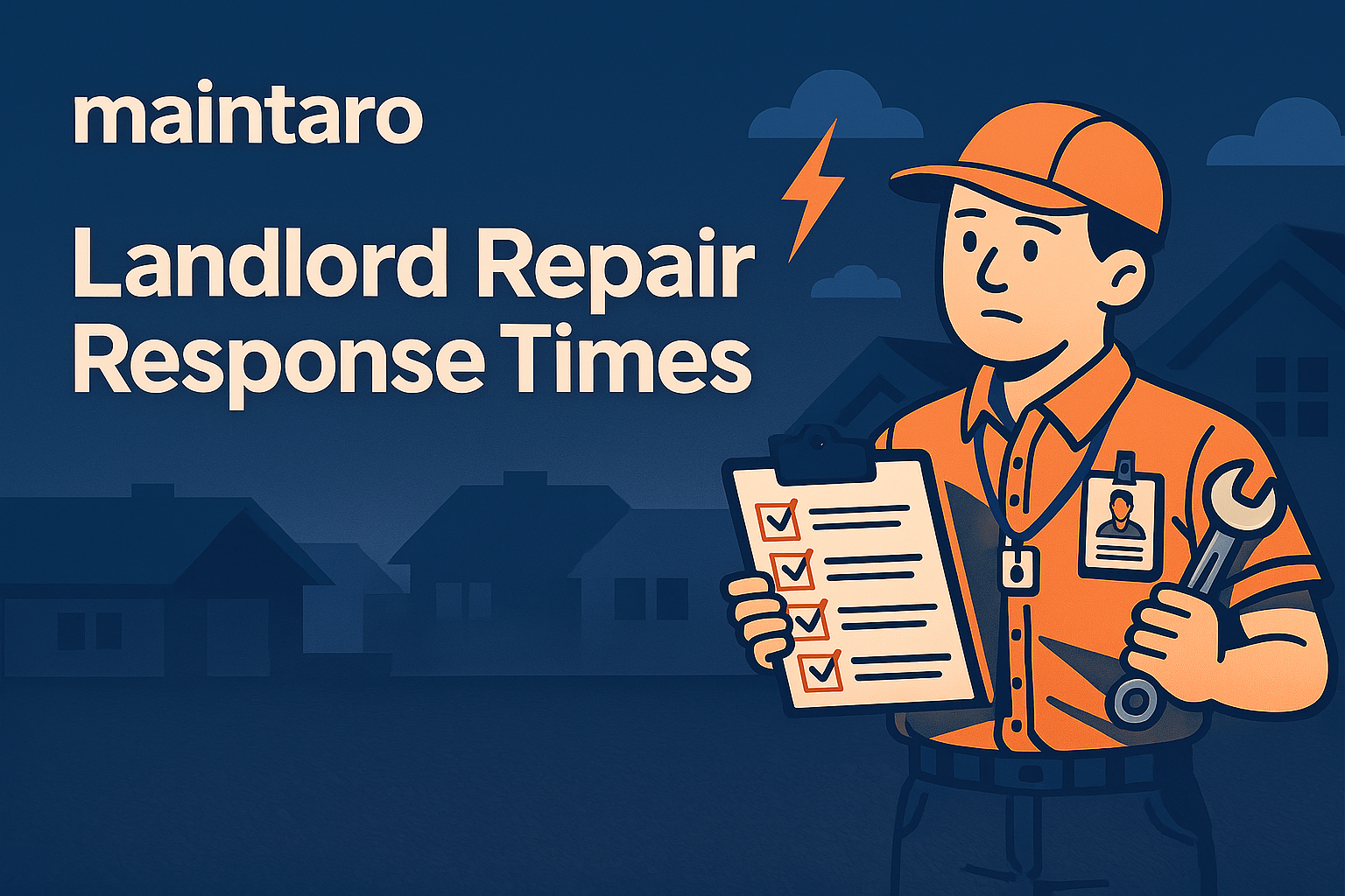 Illustration of a landlord checking a repair response timeline on a laptop, with emergency, urgent and routine repair icons