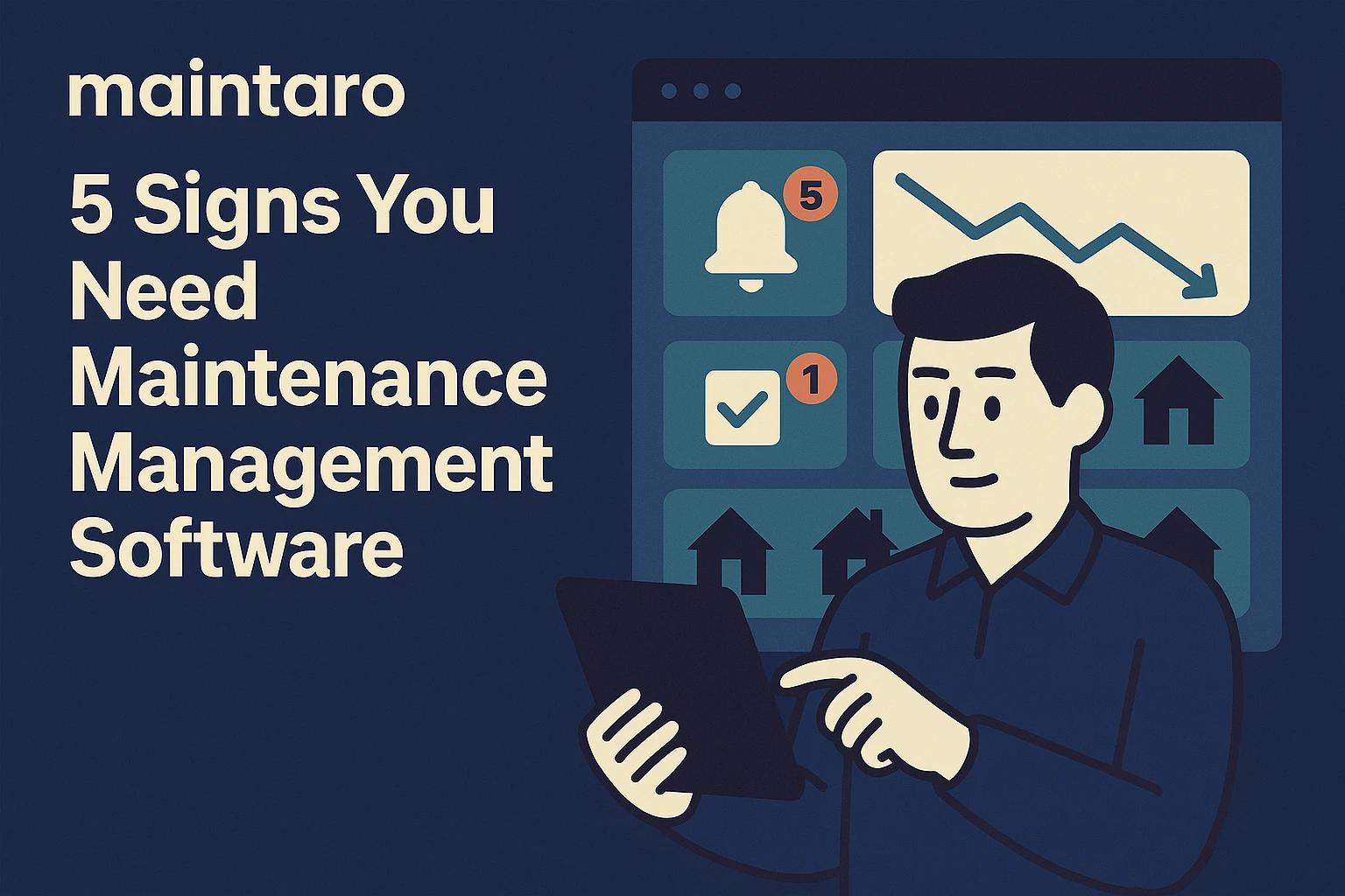 Illustration of a stressed landlord facing chaotic messages contrasted with a clean maintenance software dashboard