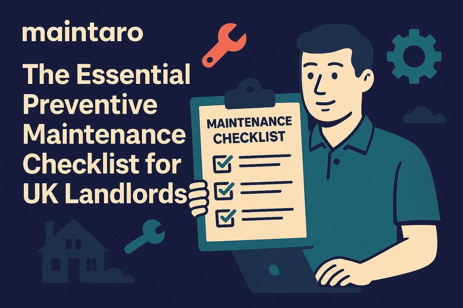 Illustration of a rental property surrounded by seasonal icons and a landlord checklist for preventive maintenance